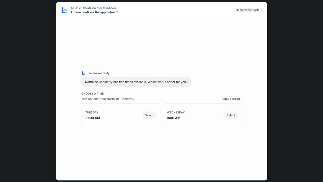Lucera homeowner portal offering appointment times returned by the vendor